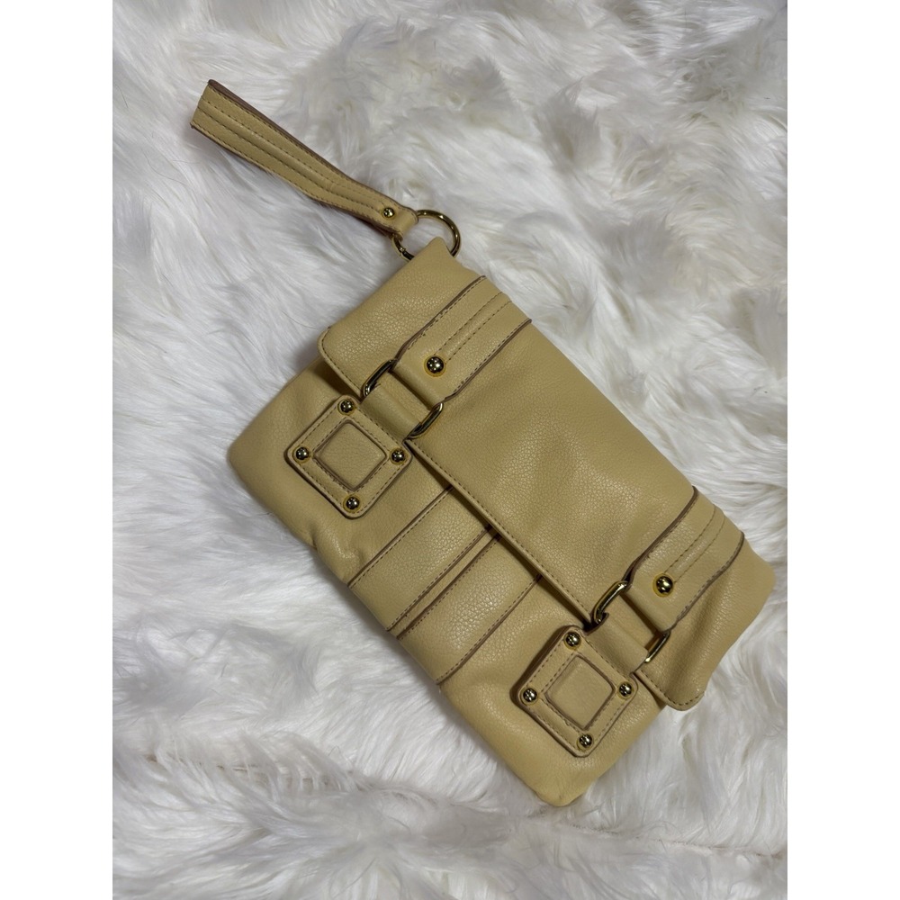 Daisy Fuentes Y2K Wristlet Clutch Purse Yellow Tan Gold Hardware Buckle Bag